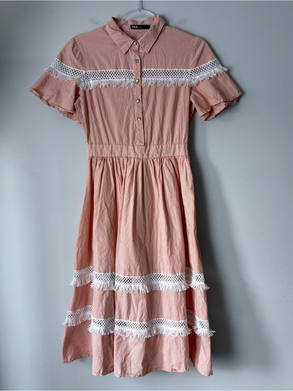 Ina Orange & White Fringe Lace-Trim Midi Shirt Dress